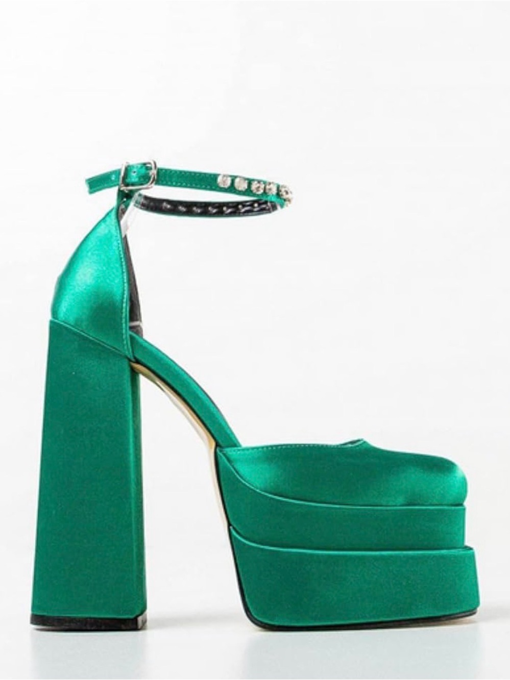 Elegant Green Satin Platform Heels with Crystal Detail